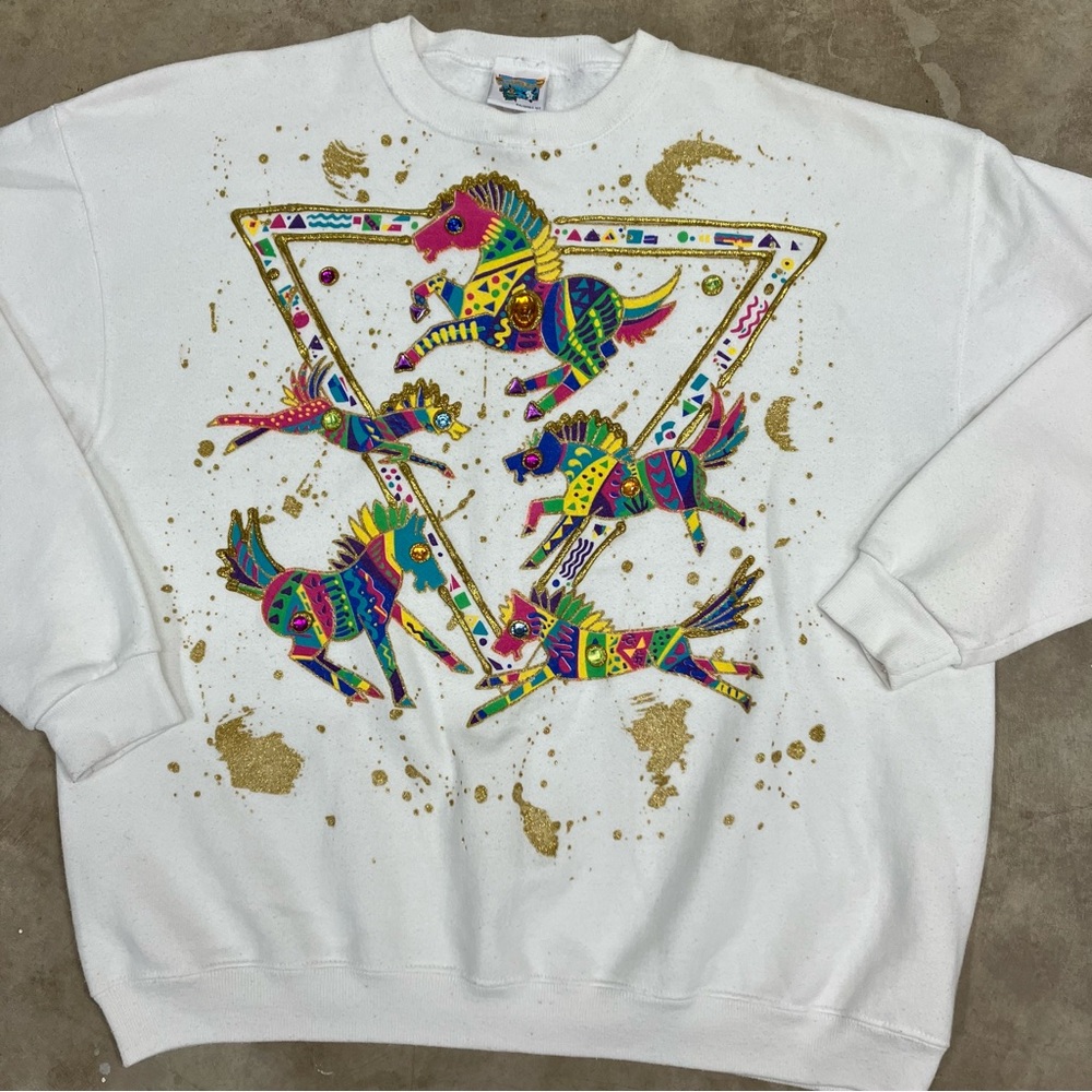 Vintage Montana Jean Co. Hand Painted Jewel Glitter Horse Sweater One Size USA